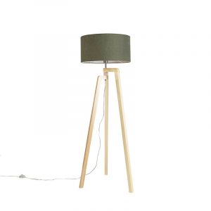 Qazqa Lampadaire tripode bois avec abat-jour 50 cm vert - Puros
