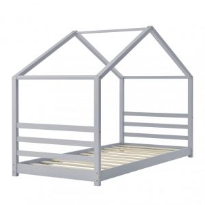 Image de Décoshop26 Lit pour enfant cabane maison avec sommier à lattes bois de pin gris 90 x 200 cm - gris