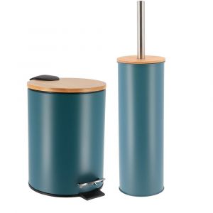 Tendance Set Poubelle à pédale 3L et Brosse WC en Métal Vert impérial et Bambou