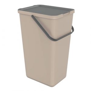 Sundis Loops, poubelle de tri sélectif d’intérieur 32L, rectangulaire, en plastique recyclé taupe, avec couvercle, poignée, anse et stickers, pour cuisine, cantine, restaurant, salle de pause