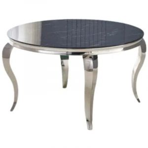 Table &agrave; manger ronde BAROQUE MARBRE NOIR pieds chrome 130x75 cm