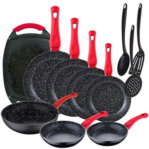 San Ignacio Lot de 11 po&ecirc;les Energy &Oslash;18/20/22/24/26/28 cm + 1 po&ecirc;le Wok &Oslash;26 cm + 1 plaque grill 37 x 25 cm, aluminium forg&eacute;, noir + Set de 3 ustensiles de cuisine en nylon