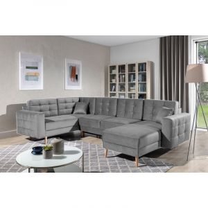 Venesetti - Canap&eacute; panoramique convertible - asma velours - en tissu de qualit&eacute; 5 places, gris, m&eacute;ridienne &agrave; droite et angle &agrave; gauche (vu de face)