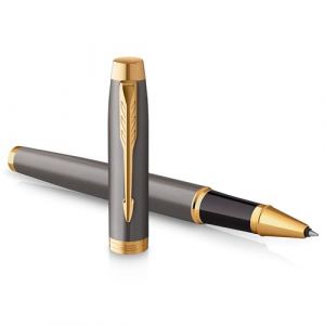 Parker IM Stylo Roller | Laque Grise avec Finitions Or | Pointe Fine en Acier Inoxydable | Recharge d'Encre Noire | Coffret Cadeau | Cadeaux de Fin d'Études Parfaits