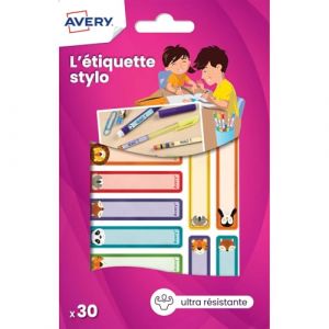 Avery-Zweckform 30 Étiquettes autocollantes résistantes pour marquer les Stylos, Crayons, Feutres. Parfait pour l'école, la maternelle, le collège. Design animaux 50x10mm