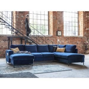 Lilly - Canap&eacute; panoramique d'angle droit - 7 places - convertible avec coffre - en velours - Bleu nuit