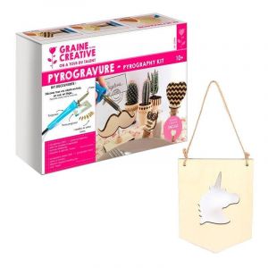 Image de Coffret pyrogravure + suspension fanion en bois Licorne Graine Créative