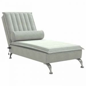 Décoshop26 Méridienne chaise longue pour intérieur de massage avec traversin en velours gris clair DEC026147
