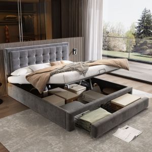 Lit coffre capitonné 180x200cm en velours avec tiroir + sommier à lattes - Gris (sans matelas)