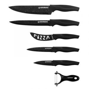 Herzberg Set Couteau Cuisine Professionnel - Couteaux Tranchant en Acier Inoxydable - Poignée ergonomique, Douce et confortable - Set de 5 couteaux + econome - Noir HGKL6-BMR