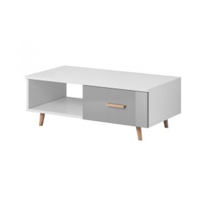 Table basse en bois "Sweden" avec tiroir + niche - Blanc mat/Gris brillant - L 110 cm