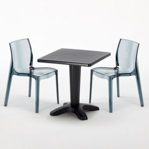 Grand Soleil Table et 2 chaises color&eacute;es polycarbonate ext&eacute;rieurs CAFF&Egrave; | Femme Fatale Noir Anthracite Transparent - Noir