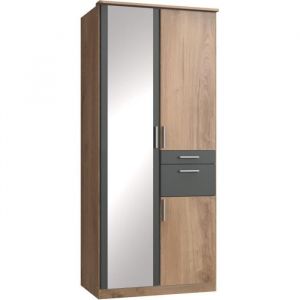 Wimex Armoire de chambre - volos - Chene poutre / Graphite - 3 portes - 1 porte miroir - 2 tiroirs - 90 x 58 x 199 cm