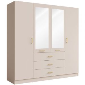 Meublorama - Armoire kalista 200 cm coloris sable – 4 portes, 2 miroirs, 3 tiroirs, poignées dorées