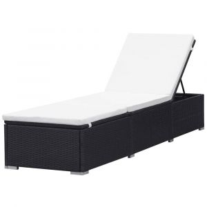Transat chaise longue bain de soleil lit de jardin terrasse meuble d'extérieur avec coussin résine tressée noir 02_0012527