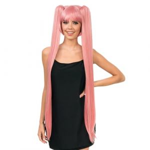 Ruedelafete Perruque Cosplay longues couettes 99cm avec frange, Rose