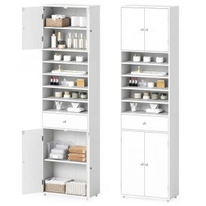 COSTWAY Colonne Salle de Bain avec 4 Portes, Tiroir et &Eacute;tag&egrave;res R&eacute;glables, pour Salon, Cuisine, Buanderie 50 x 24 x 180 cm Blanc