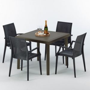 Image de Grand Soleil Table carrée et 4 chaises colorées Poly rotin resine 90x90 marron | Bistrot Arm Anthracite noir