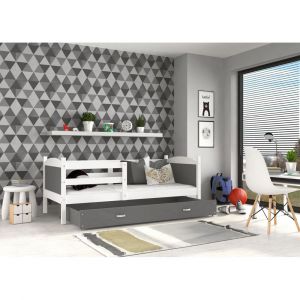 LIT ENFANT MATEO 190x90 BLANC + GRIS couleurs MDF livré avec sommier, tiroir et matelas en mousse de 7cm OFFERT