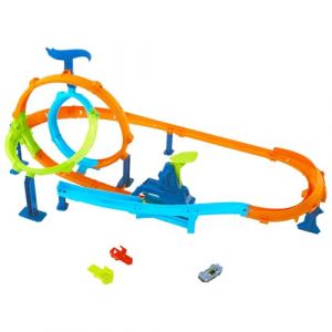 Mattel Piste Looping Cyclone Coffret cascades avec v&eacute;hicule en m&eacute;tal moul&eacute; &agrave; l&rsquo;&eacute;chelle 1/64, 2 loopings et 2 zones de carambolage, piste Speed Snap, JHK73
