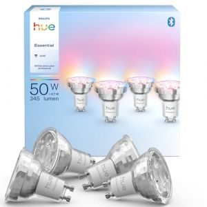Philips Hue Essential Spot LED Connecté GU10, White and Color Ambiance, 4,7 W, 2200-6500 K, 345 lumens, intensité réglable, compatible Alexa, Google Assistant et Apple Home, pack de 4