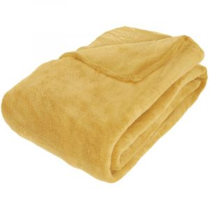 Pegane Plaid en microfibre coloris jaune ocre - Longueur 230 x Profondeur 180 x Hauteur 0,6 cm