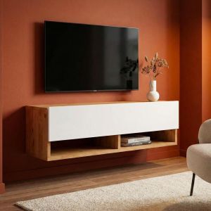 Meuble TV mural avec 1 porte basculante Pino Bois clair et Blanc
