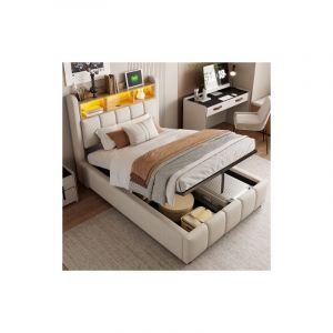 Lit coffre 90x200 cm, lit simple moelleux avec &eacute;clairage LED, prise USB et &eacute;tag&egrave;res de rangement, tissu en lin, blanc, sans matelas