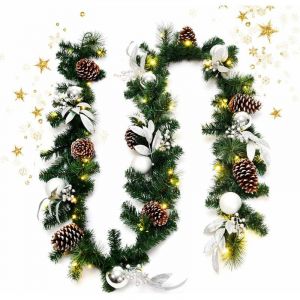 GOPLUS 270CM Guirlande de Noël avec Lumières LED,Aiguilles,Pommes de Pin,Décorations Assorties pour Cheminée Escalier Fenêtre