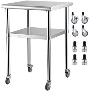 VEVOR Table de Travail INOX 61x61x91,4 cm Table de Préparation INOX 2 Niveaux Charge 272,4 kg Table de Cuisine INOX avec 4 Roues Étagère Réglable en Hauteur Rangement Aliments Restaurant Bar Garage