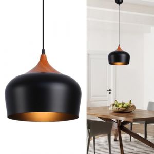 Suspension de cuisine tambour en bois moderne coupole industrielle noire E27 pour salle à manger salon bar et couloir noir.
