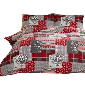 Alpine Patchwork Parure de lit en Flanelle Thermique 100% Coton, Motif Flocon de Neige, 200 x 200 x 0,5 cm, Rouge/Multicolore