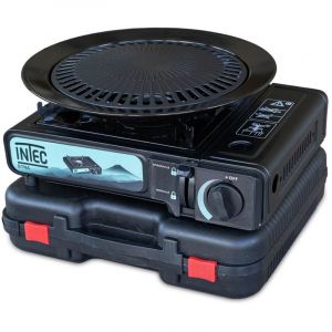 Intec Réchaud gaz portable 2200W + Plaque Grill Barbecue Camping Allumage Piezo Mallette