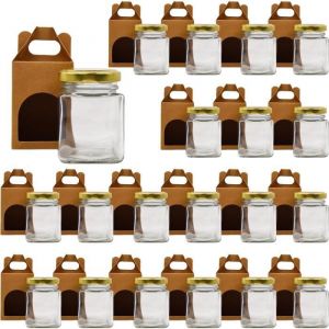 20x Pot en Verre Carré pour Épices 150ml avec Couvercle + 20 Boîtes Kraft - Bocaux Rangement Cuisine - Épices