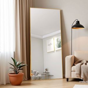 Miroir sur Pied - 180x80cm - Aluminium Dor&eacute; - Verre Tremp&eacute; - Design Contemporain