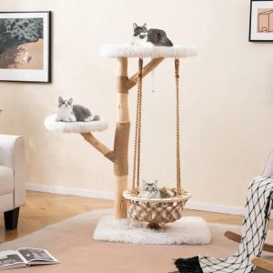 Costway - Arbre à Chat xxl 123 cm, Arbre a Chat Bois de Poirier, Balançoire Hamac, Poteaux à Griffer en Jute, 3 Plateformes, Coussin Amovible, 70 x