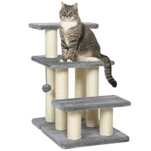Pawhut Escalier pour animaux domestiques - réglable - 3 marches - avec griffoirs en sisal et balle - 52 x 345 x 54 cm - gris