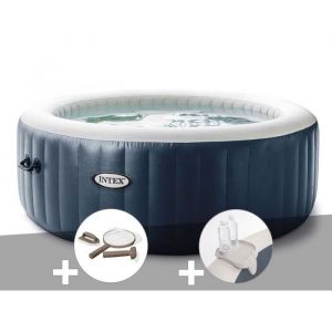 Intex Kit spa gonflable PureSpa Blue Navy rond Bulles 6 places + Kit d'entretien + Porte-verre Bleu Nuit