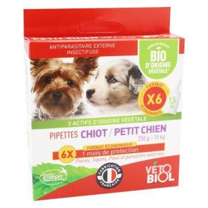 Image de Vetobiol Pipettes Chiot Petit Chien 250 g à 15 kg Bio 6 Pipettes + 2 Pipettes Offertes