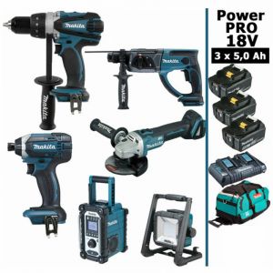 Makita Pack Power pro 6 outils 18V: DDF458 + DTD152 + DGA504 + DHR202 + DMR108 + Projecteur + 3 batt 5Ah + sac