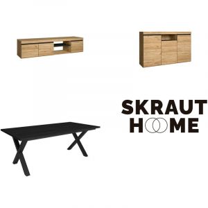 Skraut Home - Ensemble de meubles de salon | Table 200 Noire pieds X 10 convives | Meuble TV 160 | Buffet 140 | Chêne et Noir
