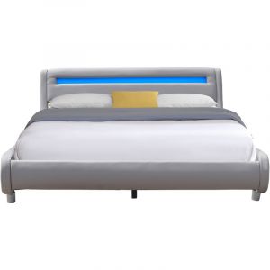 Lit gina pour matelas 140x190 - Sommier + Tête de Lit Incurvee Couleur gris + Pieds en 5 cm - 2 x 13 Lattes - revetement pvc Simili facile