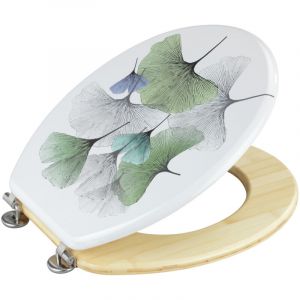 Wenko Abattant WC Ginkgo, siège de toilette original avec surface exempte de pores résistante à l'humidité,, couvercle de WC en MDF et bambou, fixation en acier inox, 34,5x42 cm, multicolore