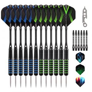 Grebarley Fléchettes, Fléchettes Pointe Acier, 6 pièces 20 grammes et 6 pièces 22 grammes, fléchettes Professionnelles en Acier 18 Tige en Aluminium avec 9 Vols 20 Anneaux