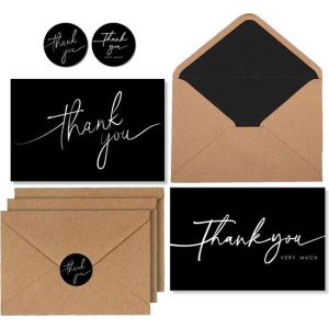 Partizzle 100x Cartes de remerciement avec enveloppes - Cartes de remerciement - Cartes postales - Set de cartes avec autocollants - 15x10 cm - Noir