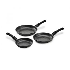 Pradel Excellence - PCUI001032 - Lot de 3 Po&ecirc;les en Fonte d'Aluminium Premium &Oslash;20,24,28cm - Rev&ecirc;tement Anti-Adh&eacute;sif Fa&ccedil;on Pierre - Manches Amovibles - Tout Feu, Noir