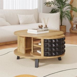 Table basse ronde - Table rotative avec étagère interne cachée, pied en noir - 85.2x80x45.2cm - Naturel