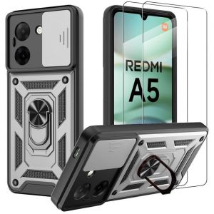Coque + 2 Verres Trempés Pour Xiaomi Redmi A5, Protection Antichoc Anti-Rayure Rigide Avec Anneau - Argenté - Efconnection