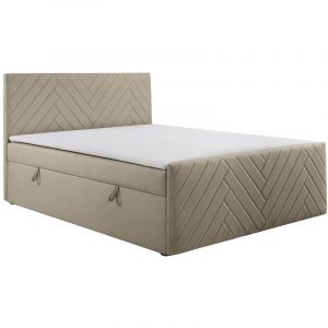 Ensemble complet literie d&eacute;co t&ecirc;te de lit + sommiers coffre + matelas + surmatelas - 160 x 200 cm - Velours - Taupe - makana de ysm&eacute;e