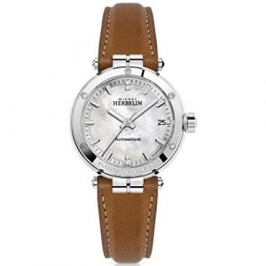 Michel Herbelin Montre Femme -1658/89GO - Newport - Index Diamants - Mouvement Automatique - Dateur - Verre Saphir Inrayable - Cadran Nacre - Diamètre 35mm
